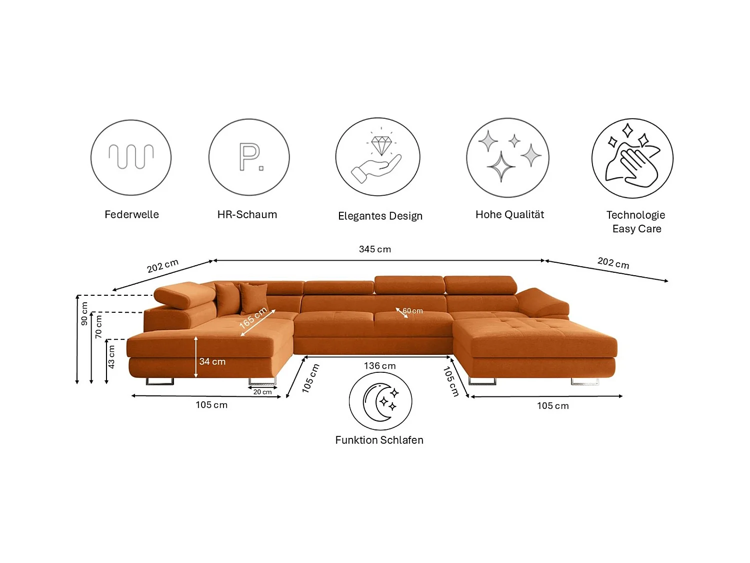 Canapé d'angle en U FALIO II avec fonction couchage, tissu Noel, orange, gauche