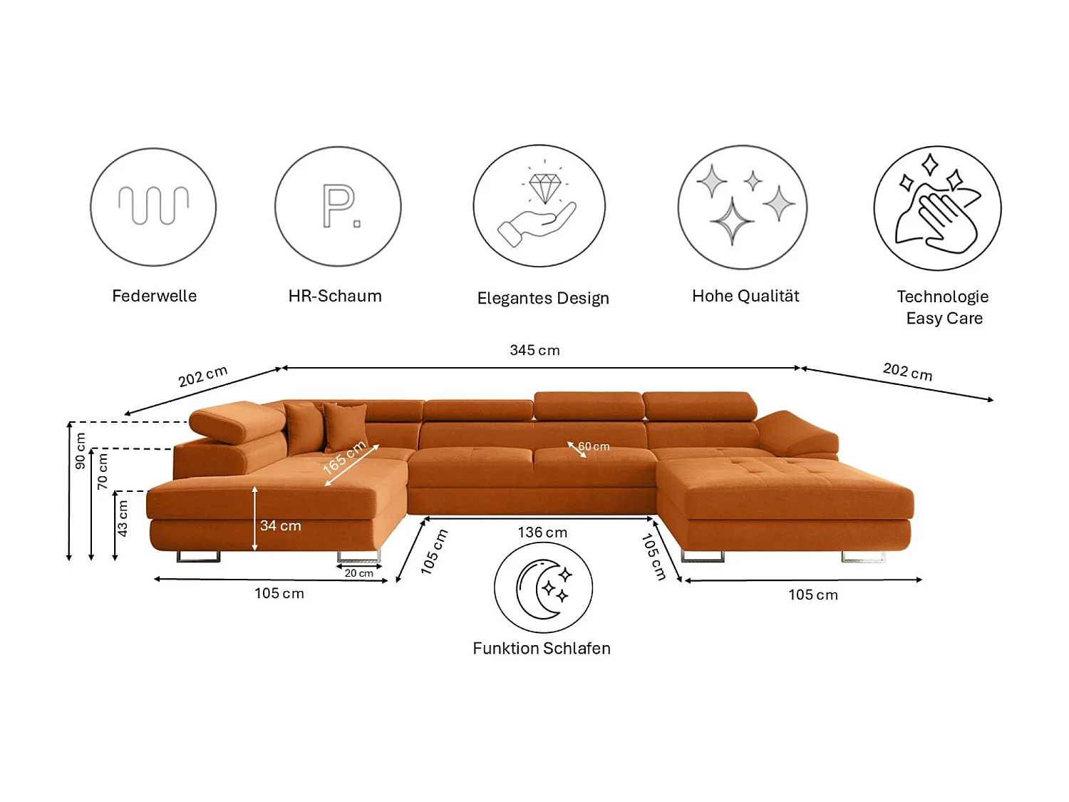 Canapé d'angle en U FALIO II avec fonction couchage, tissu Noel, orange, gauche