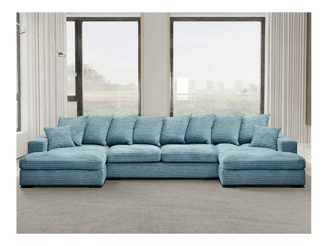 Canapé d'angle avec fonction couchage et coffre de lit, Canapé en U, Canapé en U tissu Gabon Zoom Bleu Clair