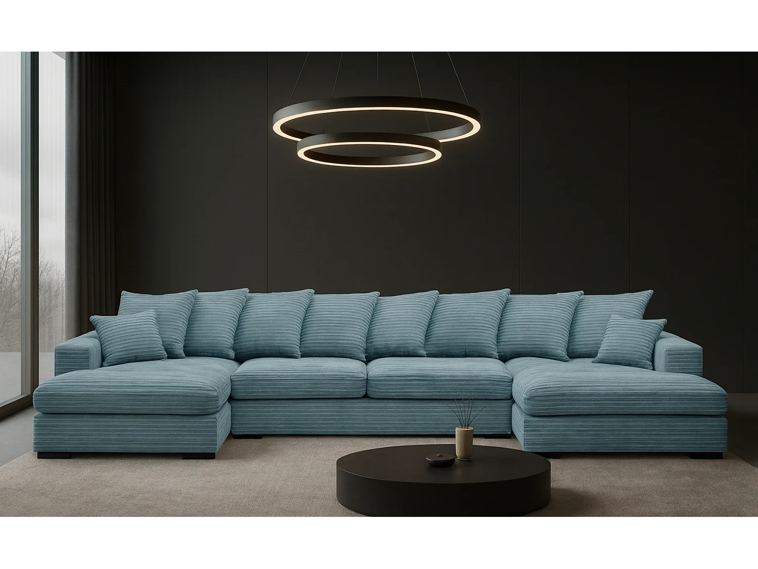 Canapé d'angle avec fonction couchage et coffre de lit, Canapé en U, Canapé en U tissu Gabon Zoom Bleu Clair