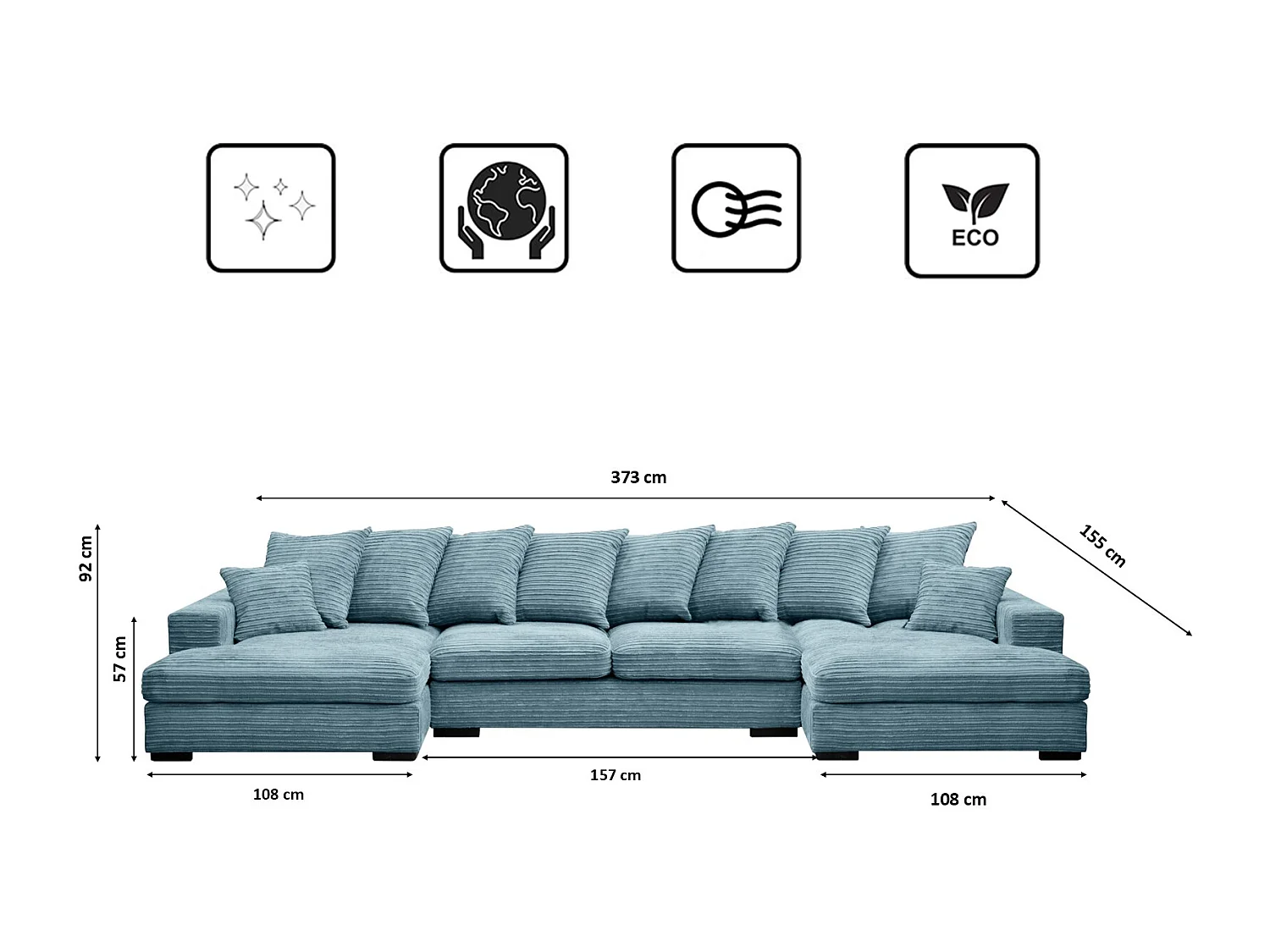 Canapé d'angle avec fonction couchage et coffre de lit, Canapé en U, Canapé en U tissu Gabon Zoom Bleu Clair