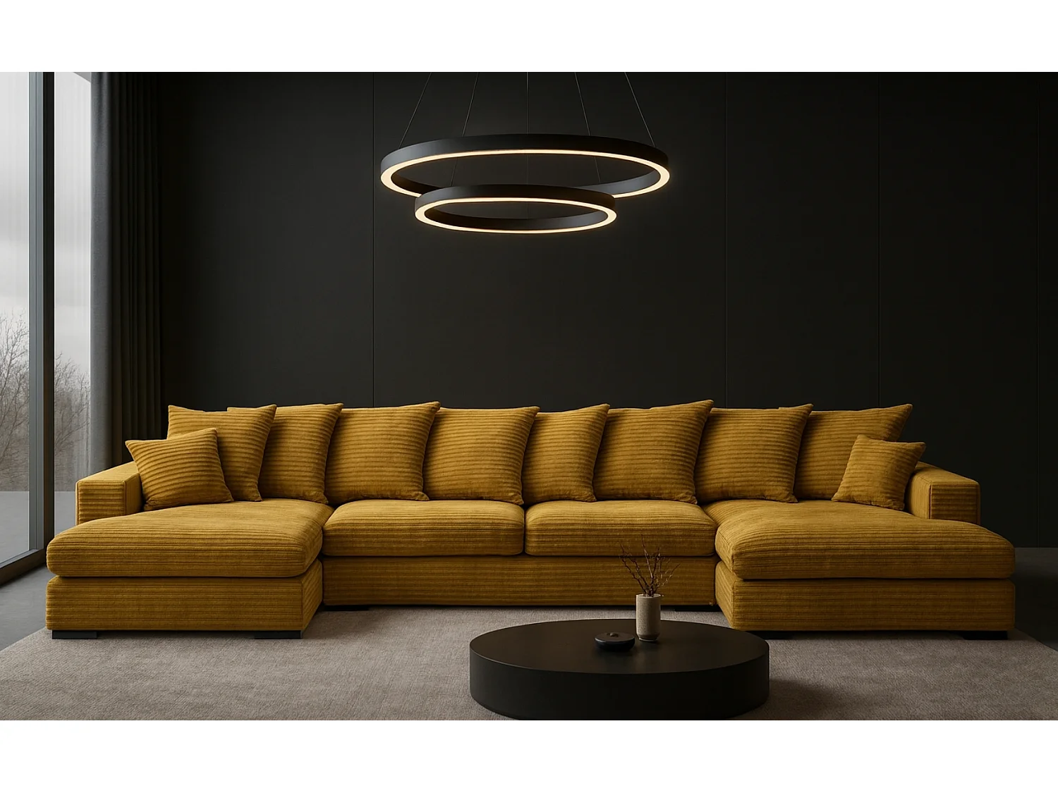 Canapé d'angle avec fonction couchage et coffre de lit, Canapé en U, Canapé en U tissu Gabon Zoom Jaune