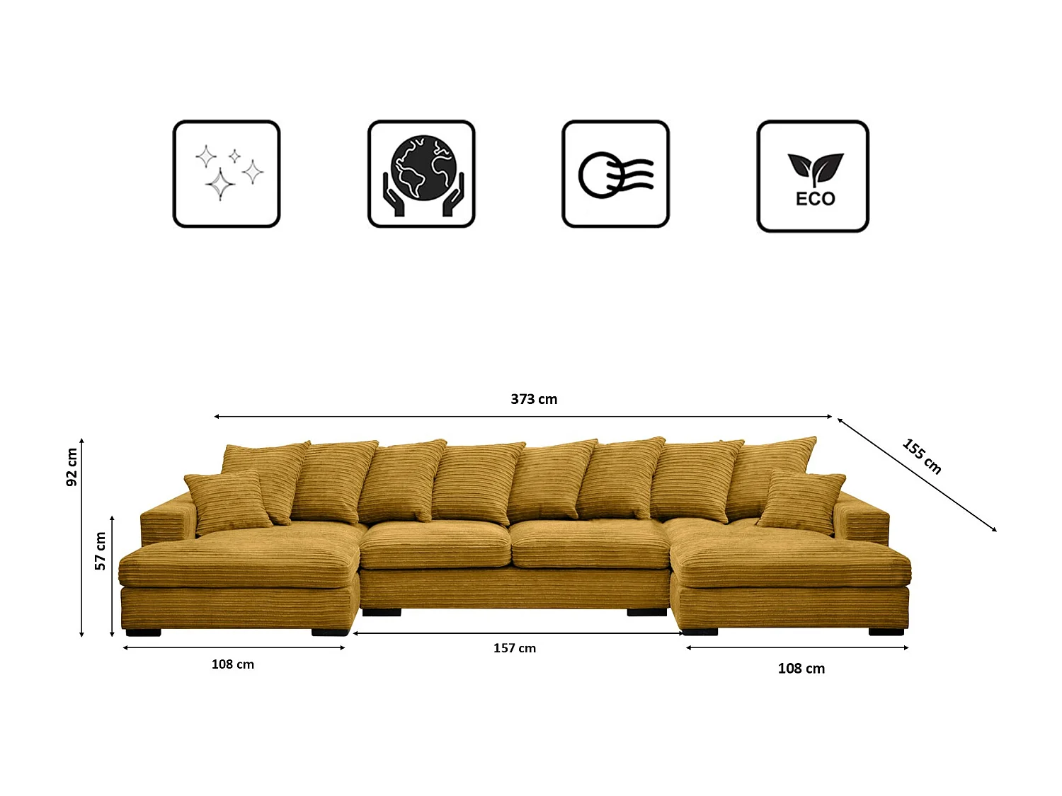 Canapé d'angle avec fonction couchage et coffre de lit, Canapé en U, Canapé en U tissu Gabon Zoom Jaune