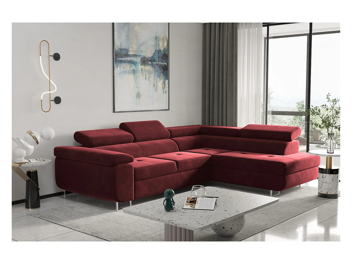Canapé d'angle ATOM avec fonction couchage, tissu Monolith, rouge, droit