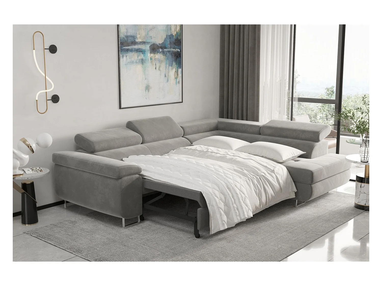 Canapé d'angle ATOM avec fonction couchage, tissu Monolith, rouge, droit