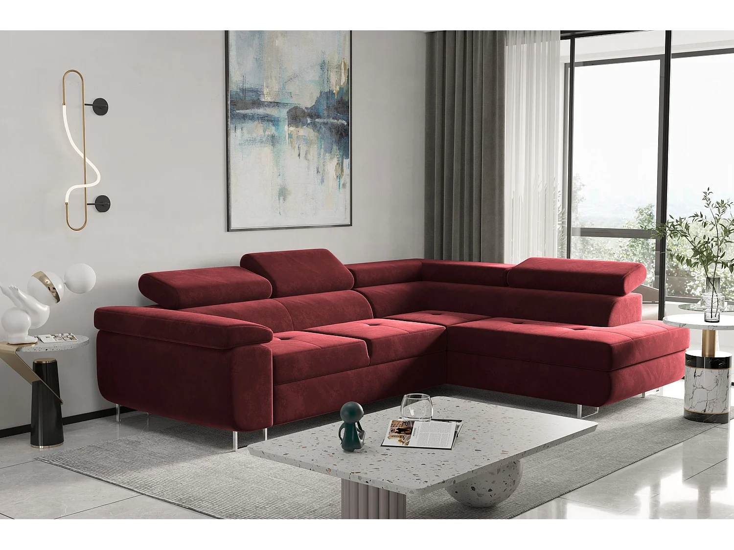 Canapé d'angle ATOM avec fonction couchage, tissu Monolith, rouge, droit