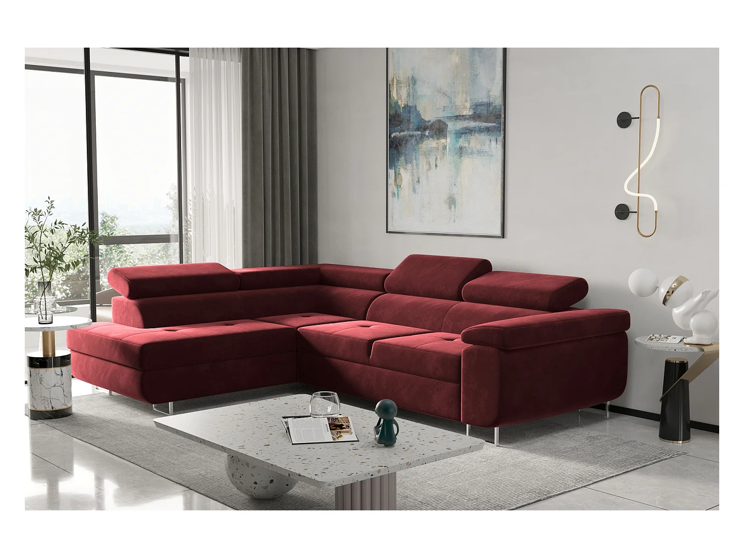 Canapé d'angle ATOM avec fonction couchage, tissu Monolith, rouge, gauche