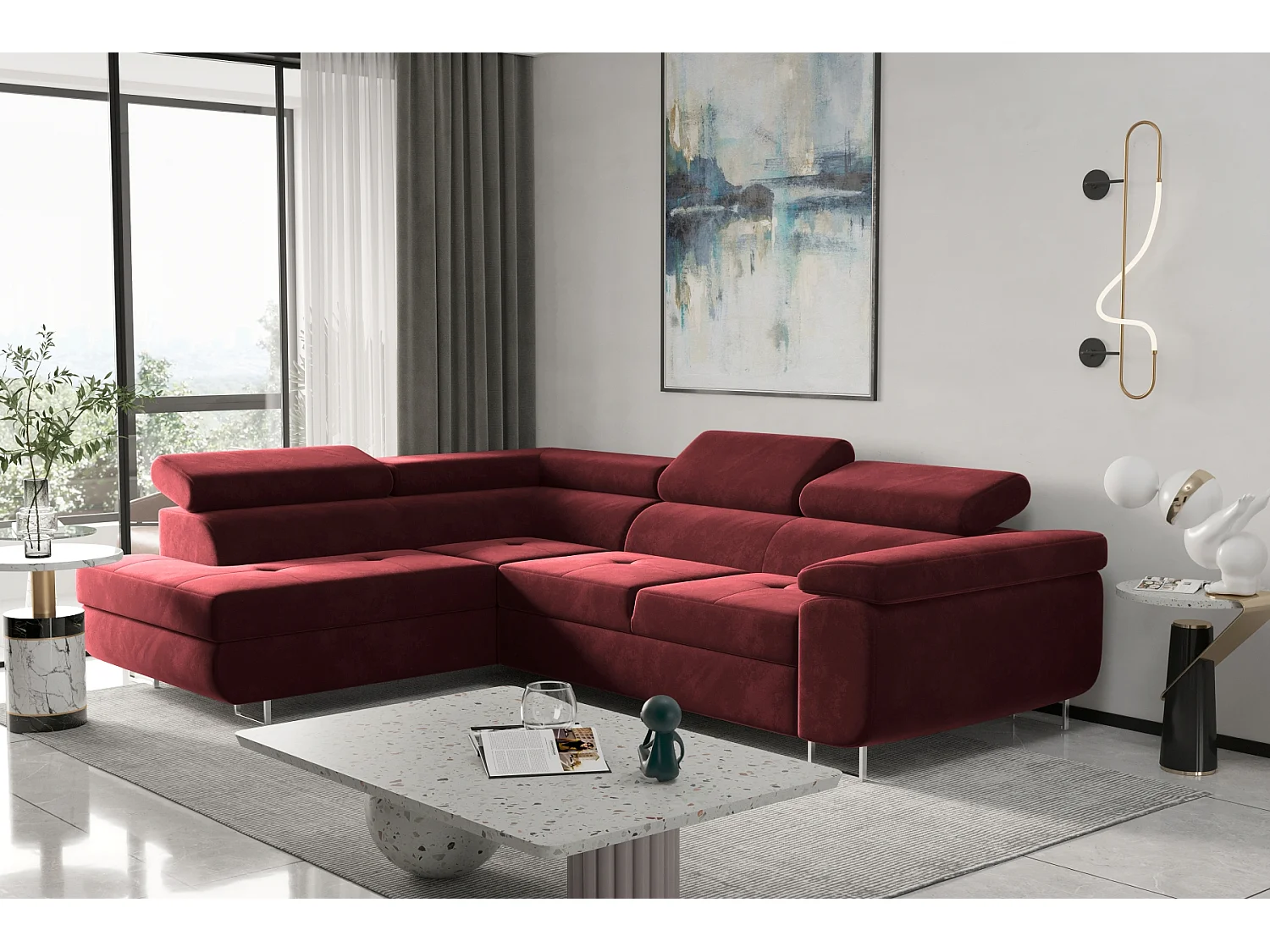 Canapé d'angle ATOM avec fonction couchage, tissu Monolith, rouge, gauche