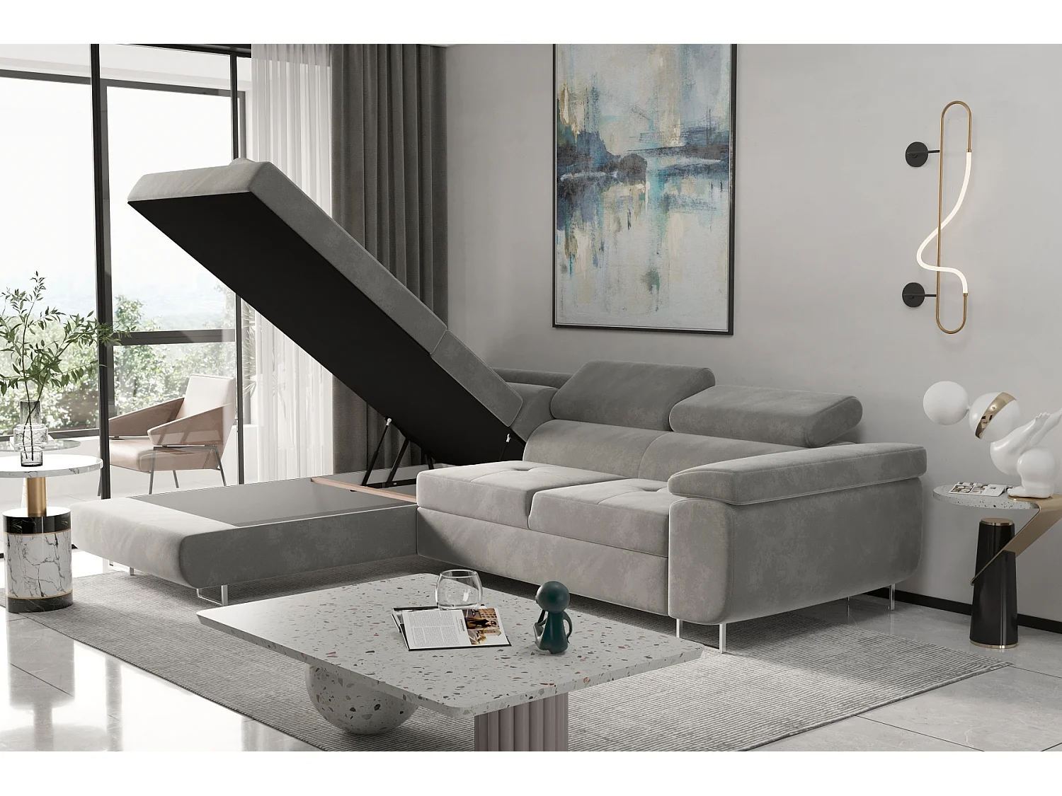 Canapé d'angle ATOM avec fonction couchage, tissu Monolith, rouge, gauche