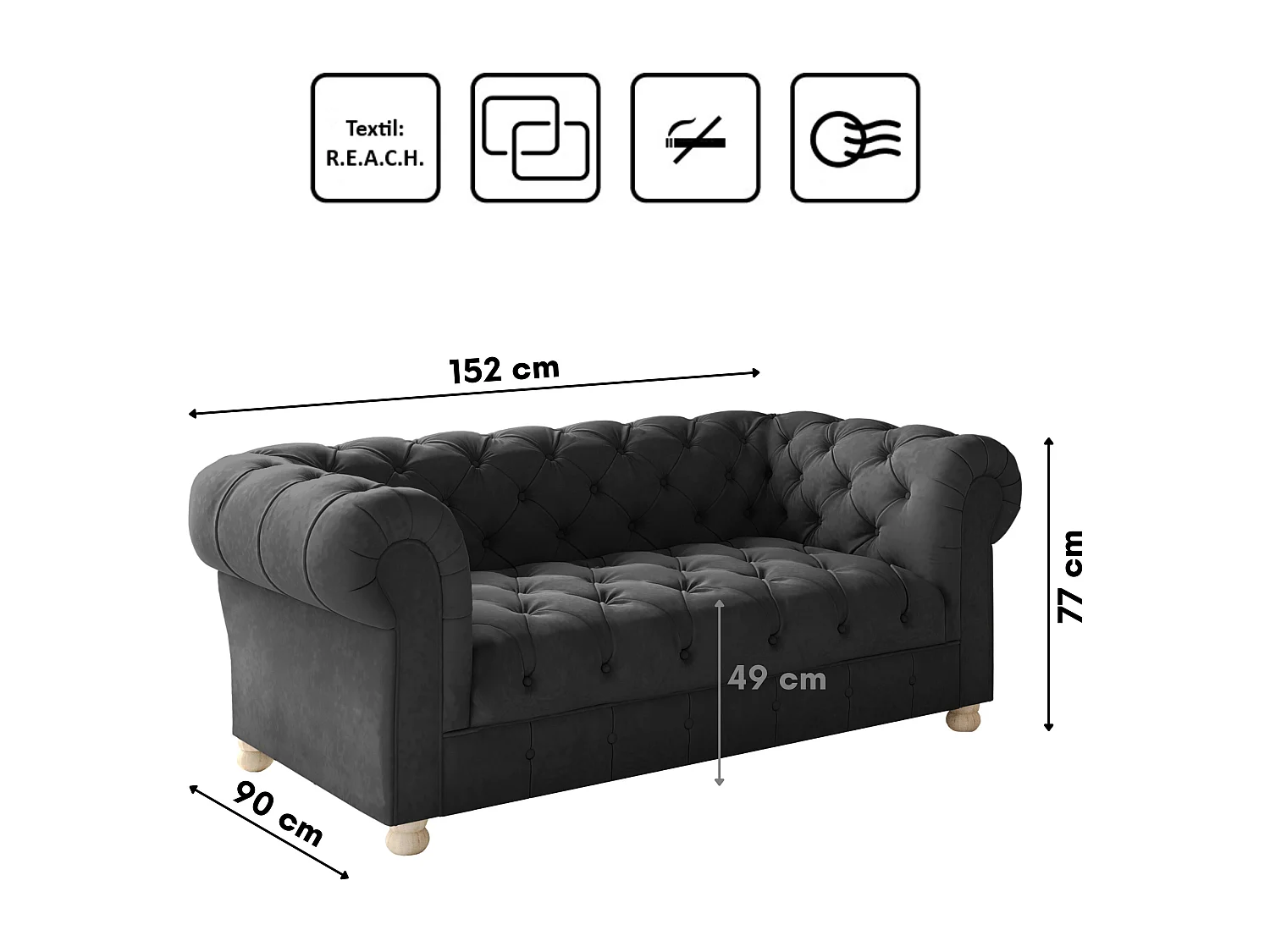 CHESTERFIELD tweezitsbank, Whisper-stof, grafiet