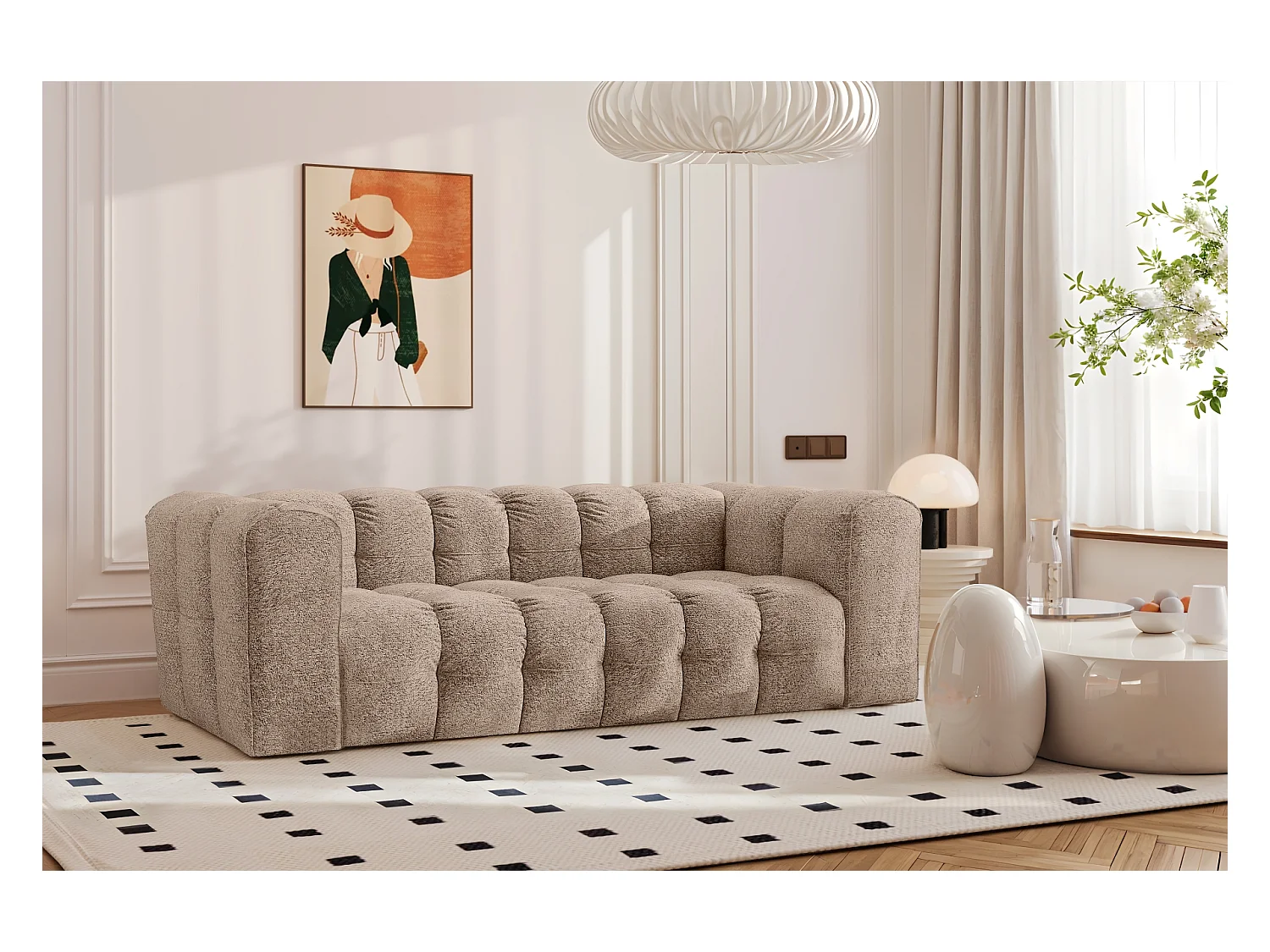 Sofa 3-Sitzer, Komfort Couch BALOO, stoff Schenille & Bouclé, Dunkelbeige