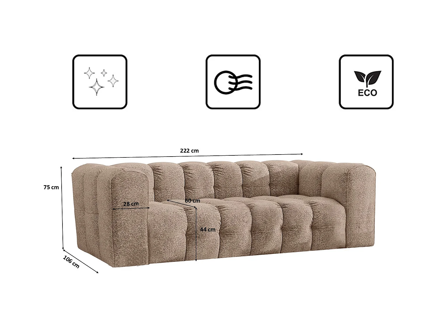 Sofa 3-Sitzer, Komfort Couch BALOO, stoff Schenille & Bouclé, Dunkelbeige