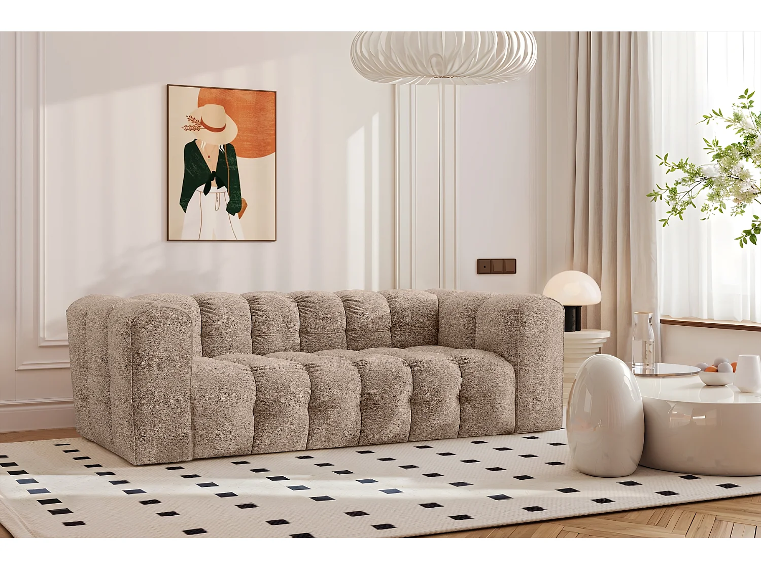 Sofa 3-Sitzer, Komfort Couch BALOO, stoff Schenille & Bouclé, Dunkelbeige