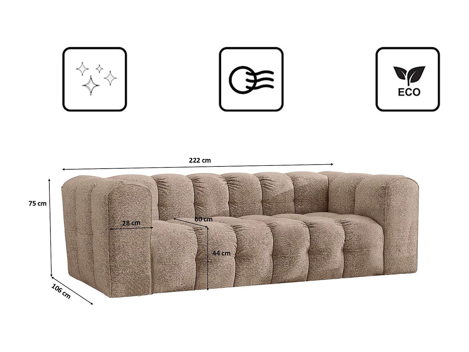 Sofa 3-Sitzer, Komfort Couch BALOO, stoff Schenille & Bouclé, Dunkelbeige