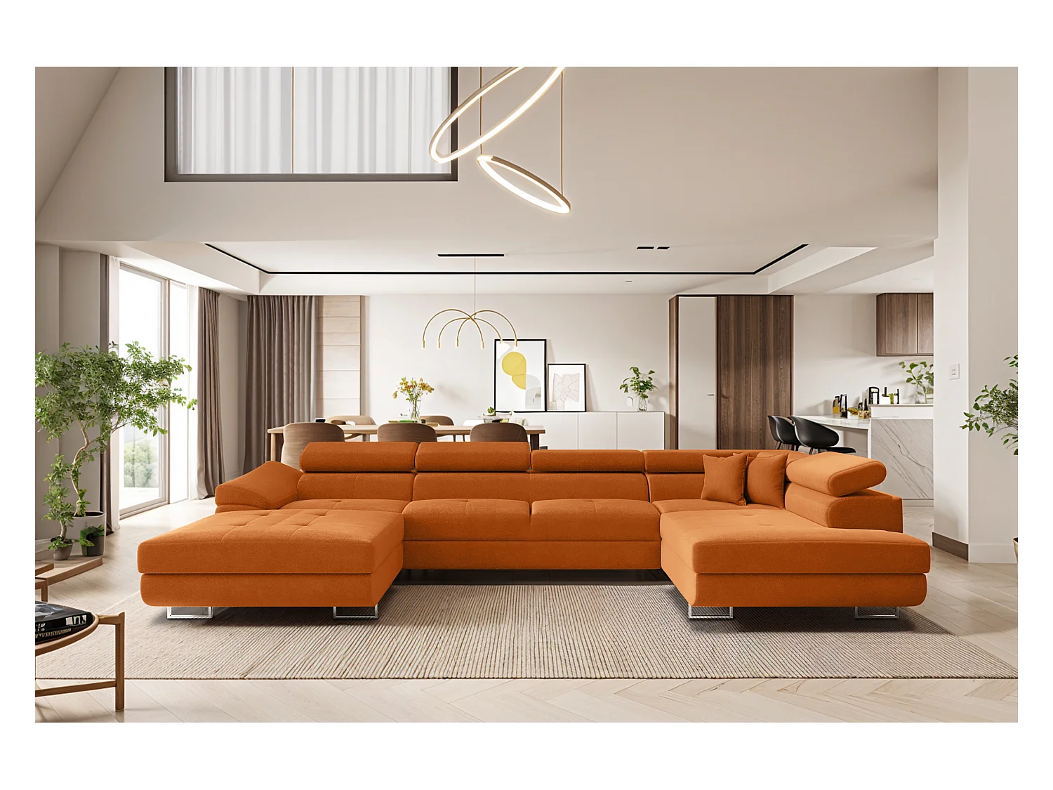 Canapé d'angle en U FALIO II avec fonction couchage, tissu Noel, orange, droite