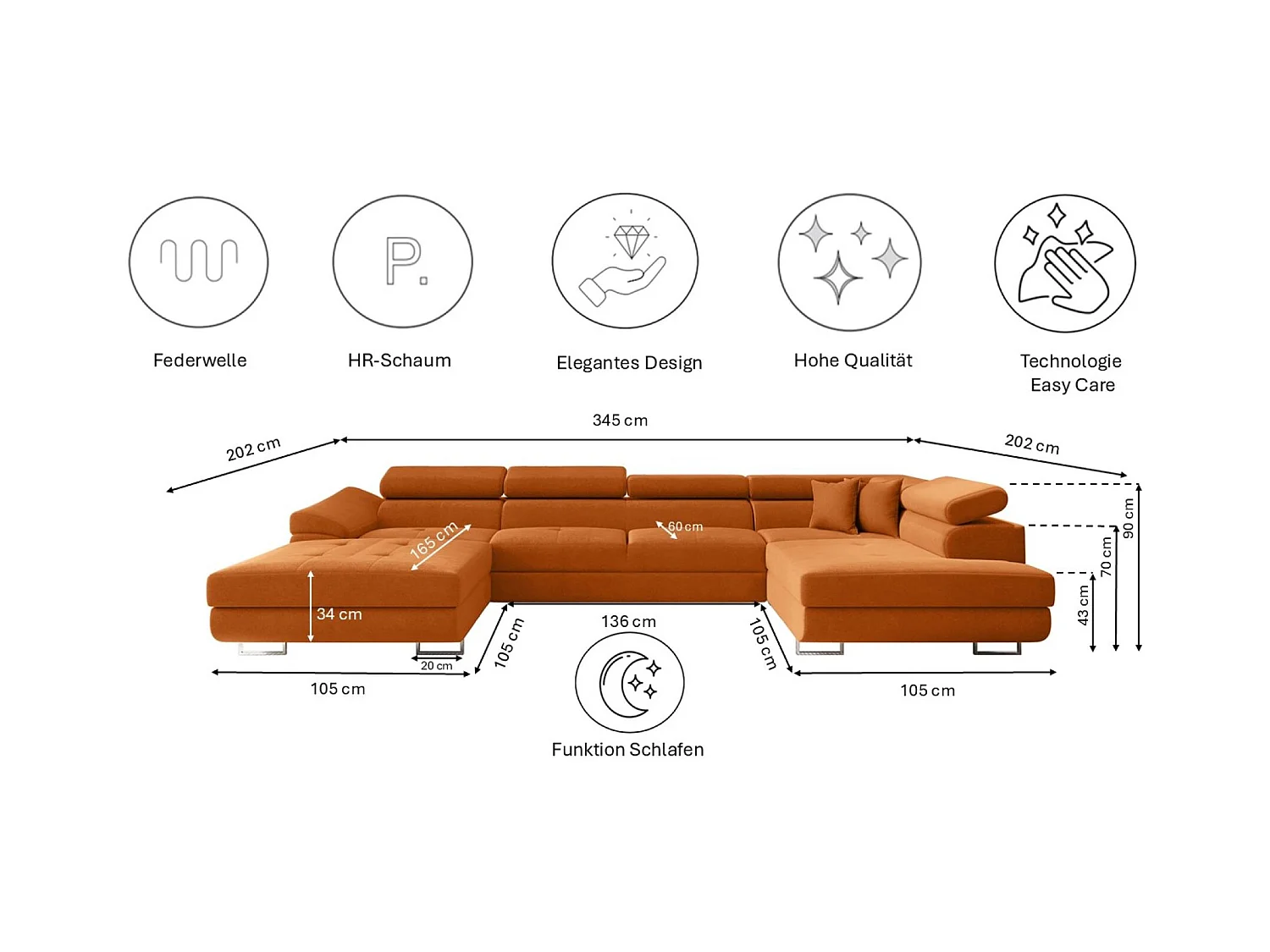 Canapé d'angle en U FALIO II avec fonction couchage, tissu Noel, orange, droite