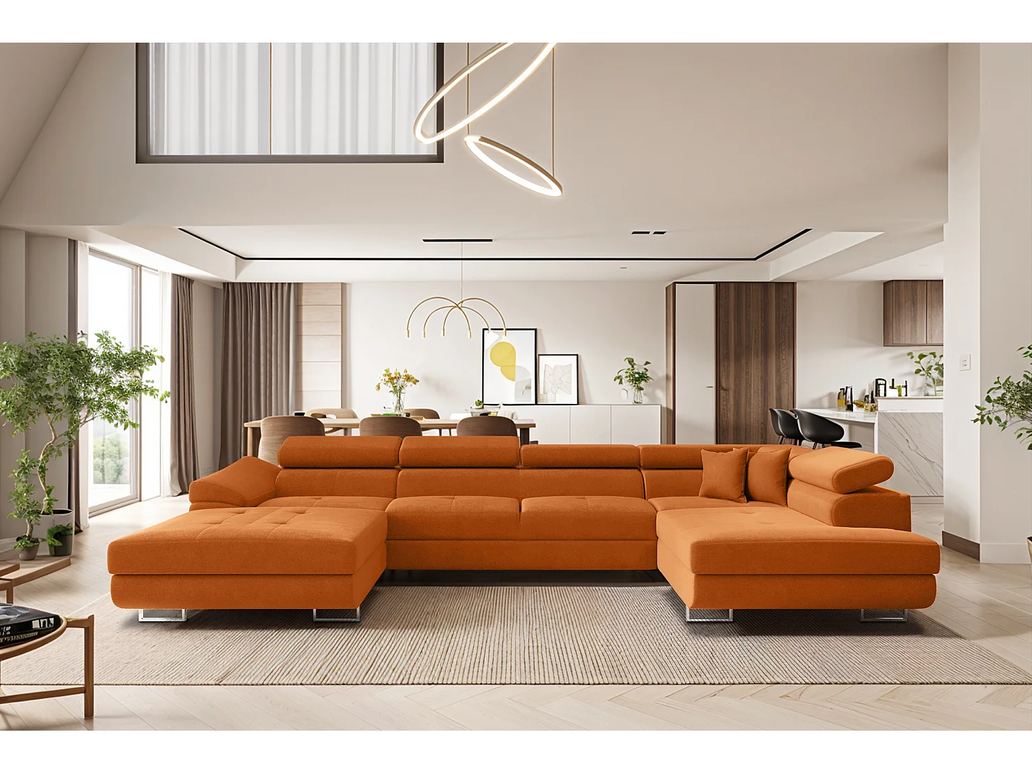 Canapé d'angle en U FALIO II avec fonction couchage, tissu Noel, orange, droite