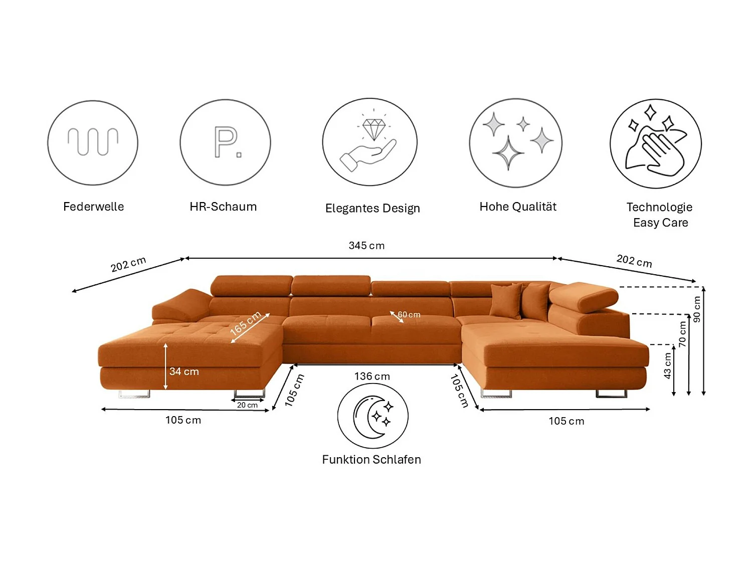 Canapé d'angle en U FALIO II avec fonction couchage, tissu Noel, orange, droite