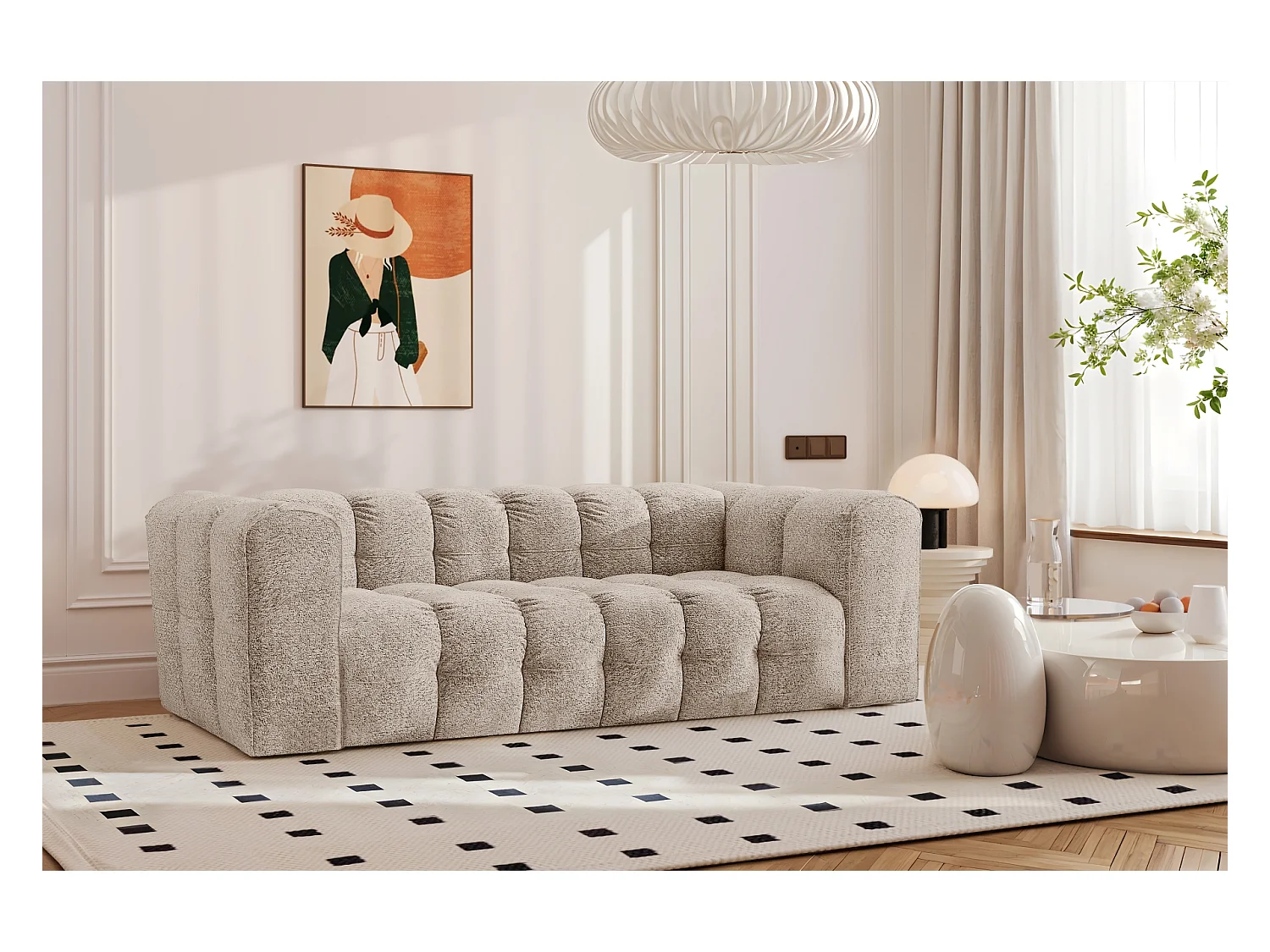 Sofa 3-Sitzer, Komfort Couch BALOO, stoff Schenille & Bouclé, Beige