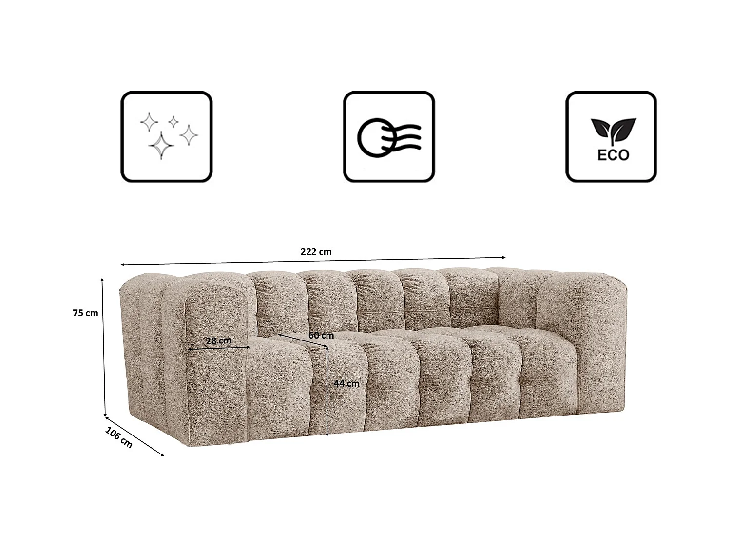 Sofa 3-Sitzer, Komfort Couch BALOO, stoff Schenille & Bouclé, Beige
