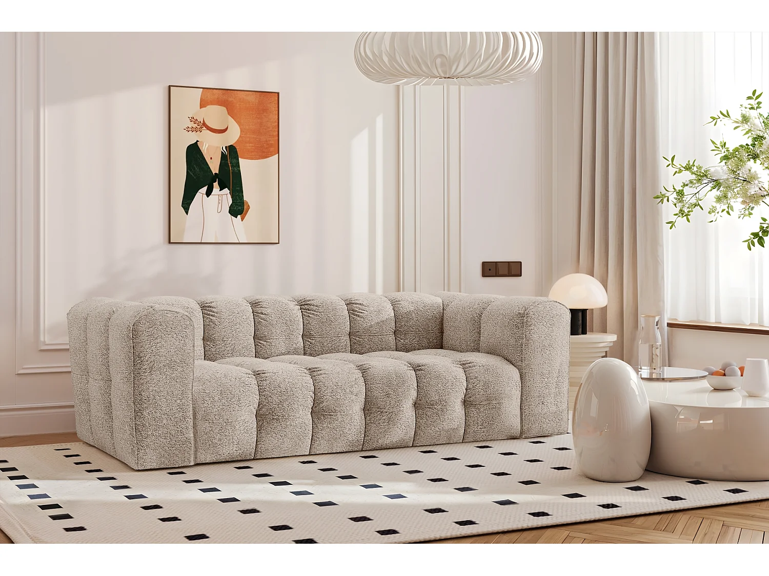 Sofa 3-Sitzer, Komfort Couch BALOO, stoff Schenille & Bouclé, Beige