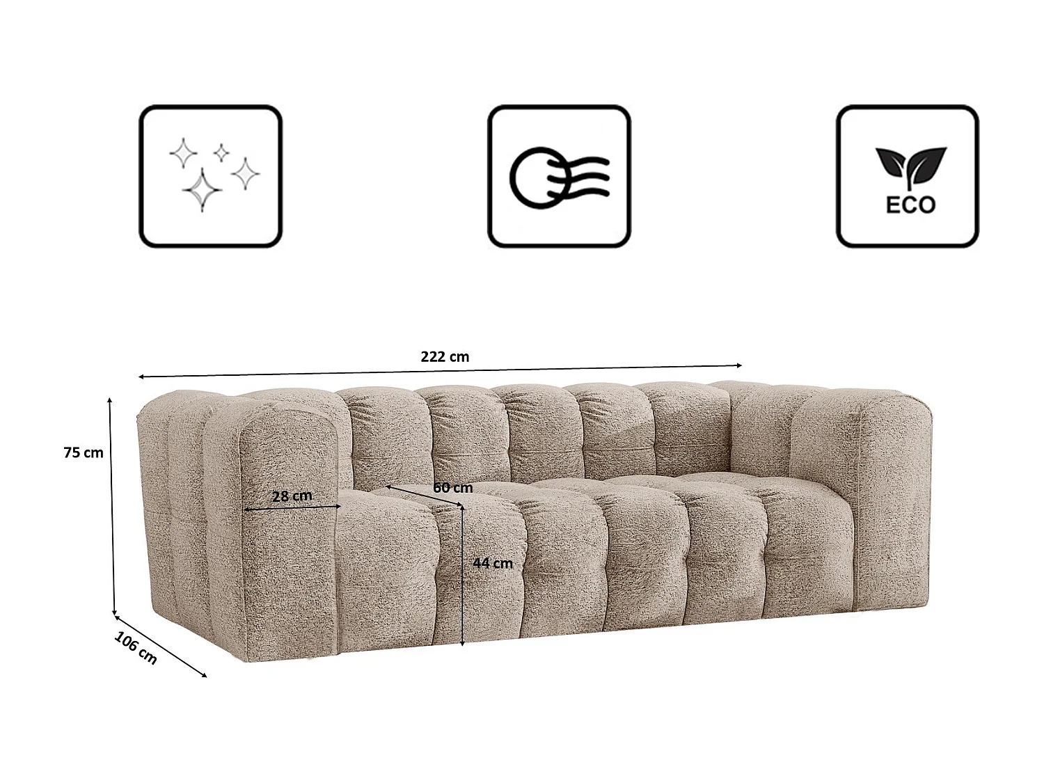 Sofa 3-Sitzer, Komfort Couch BALOO, stoff Schenille & Bouclé, Beige