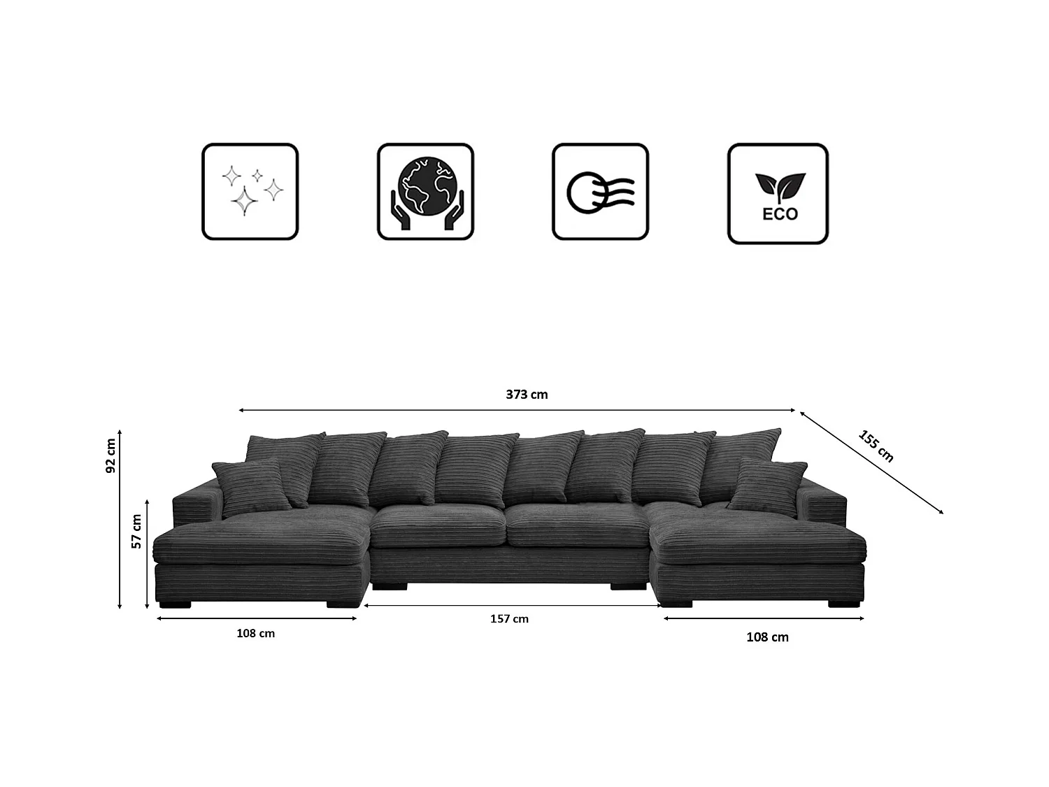 Canapé d'angle avec fonction couchage et coffre de lit, Canapé en U, Canapé en U tissu Gabon Zoom Graphite