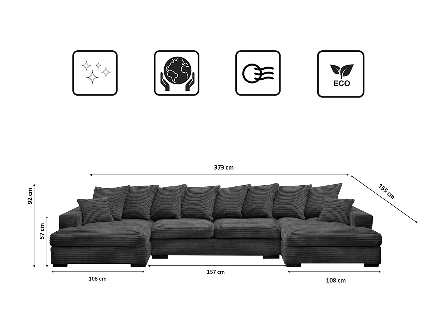 Canapé d'angle avec fonction couchage et coffre de lit, Canapé en U, Canapé en U tissu Gabon Zoom Graphite