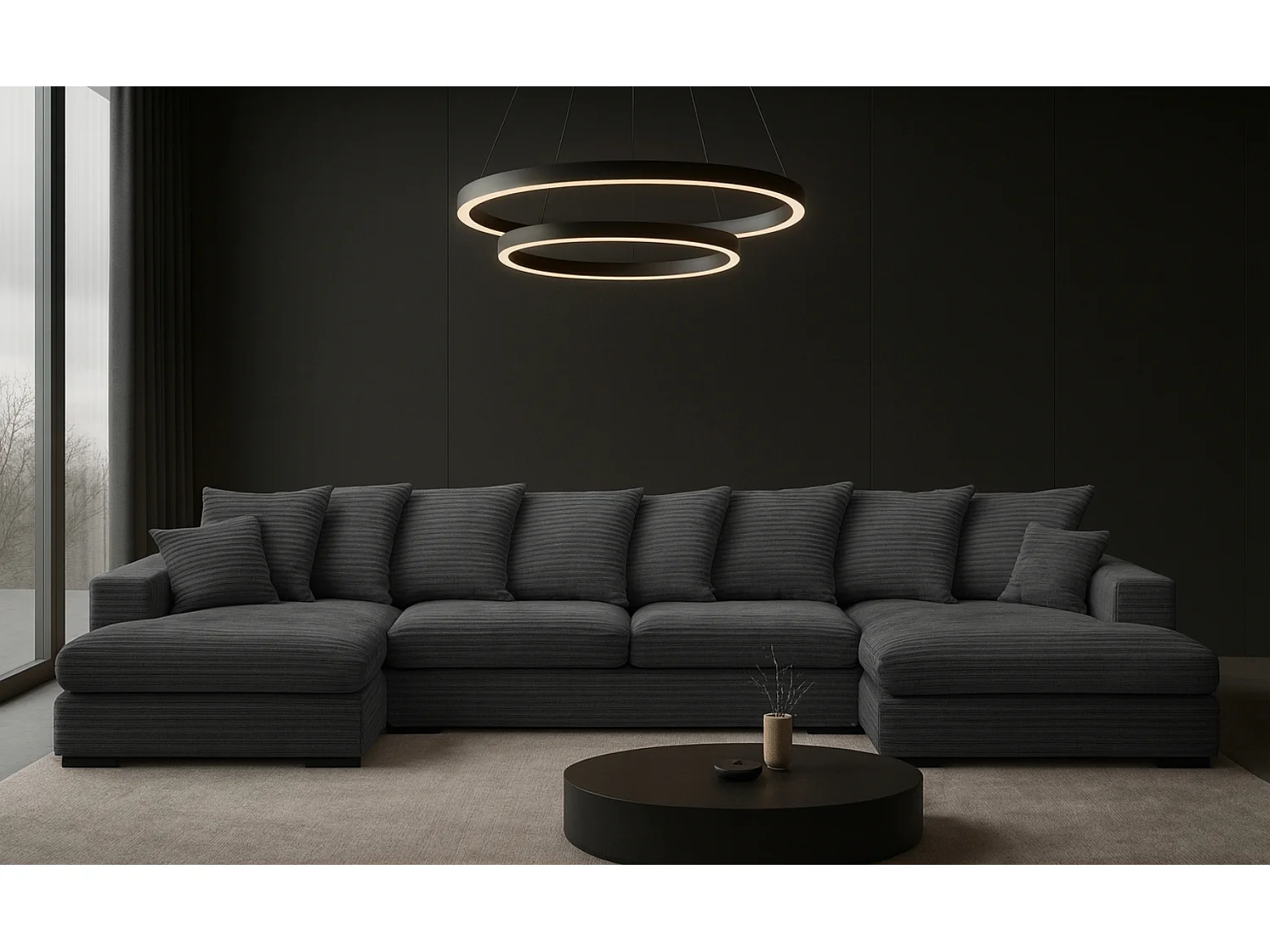 Canapé d'angle avec fonction couchage et coffre de lit, Canapé en U, Canapé en U tissu Gabon Zoom Graphite