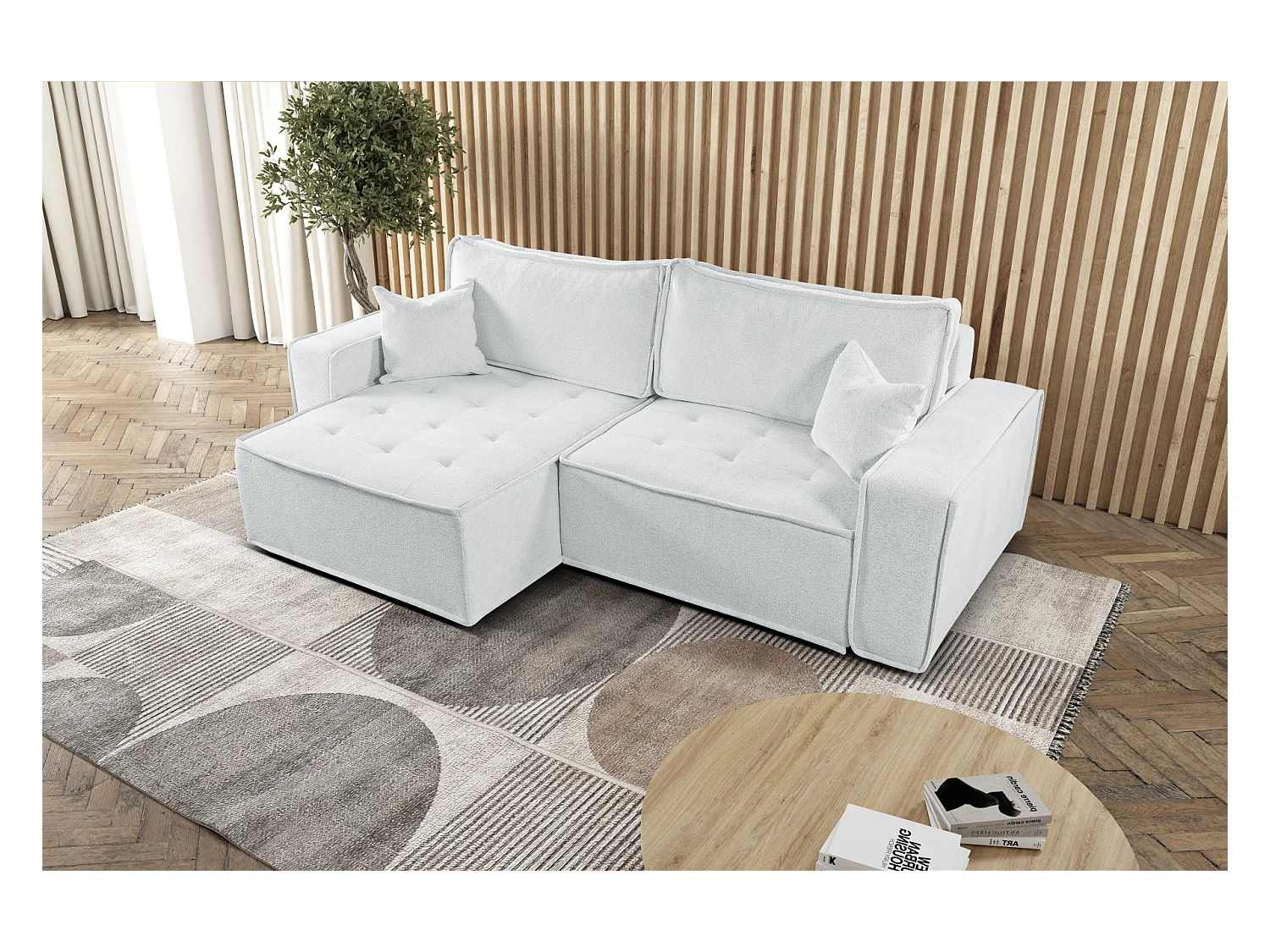 Canapé d'angle Bohoo en L avec convertible, tissu Raven, écru, gauche