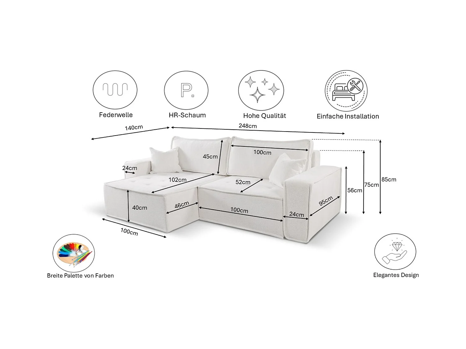 Canapé d'angle Bohoo en L avec convertible, tissu Raven, écru, gauche