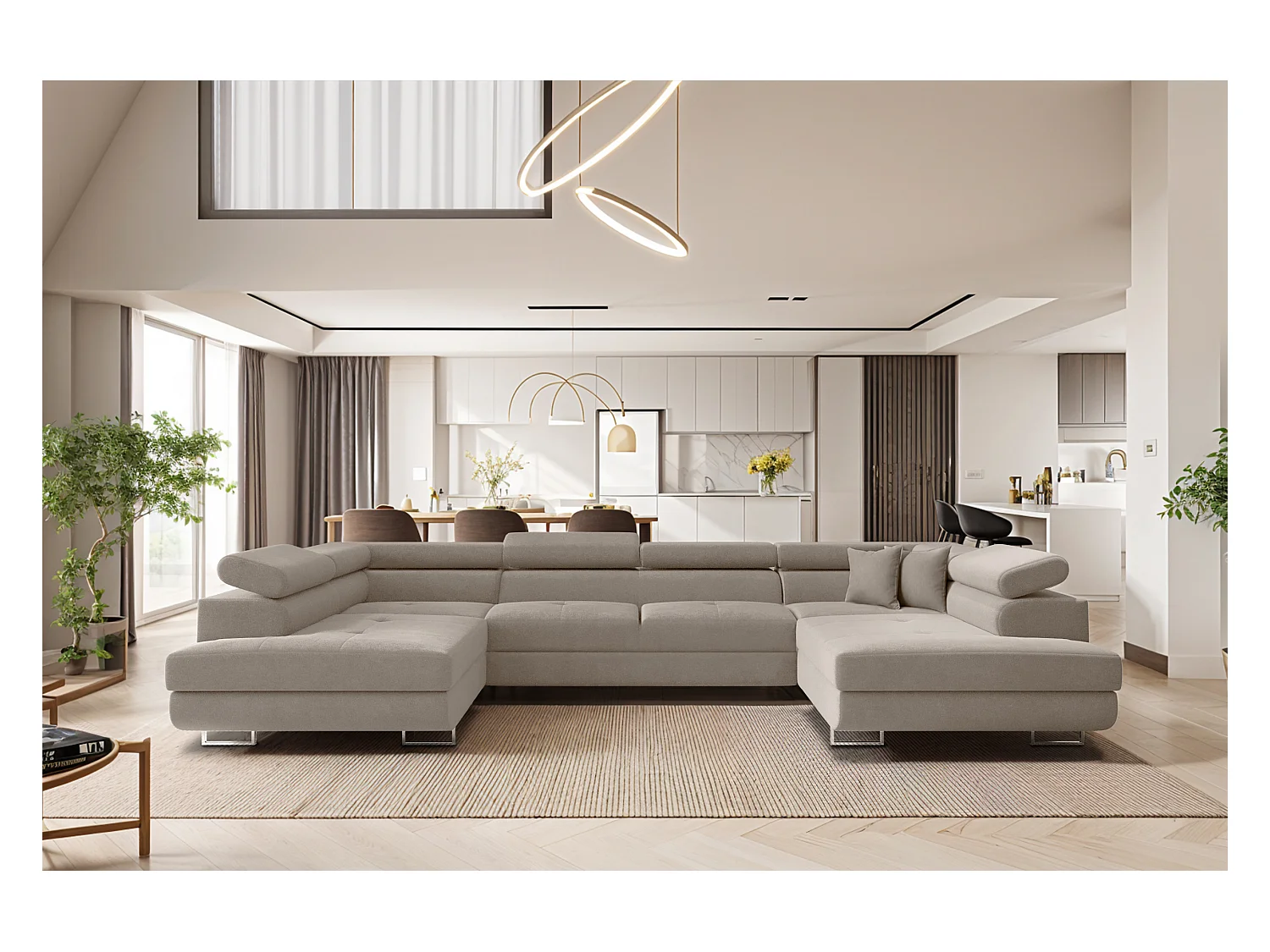 Canapé d'angle en U FALIO avec fonction couchage, tissu Noel, beige froid