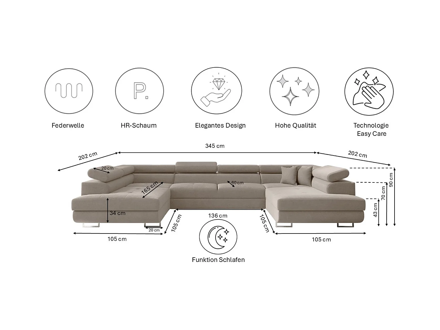 Canapé d'angle en U FALIO avec fonction couchage, tissu Noel, beige froid
