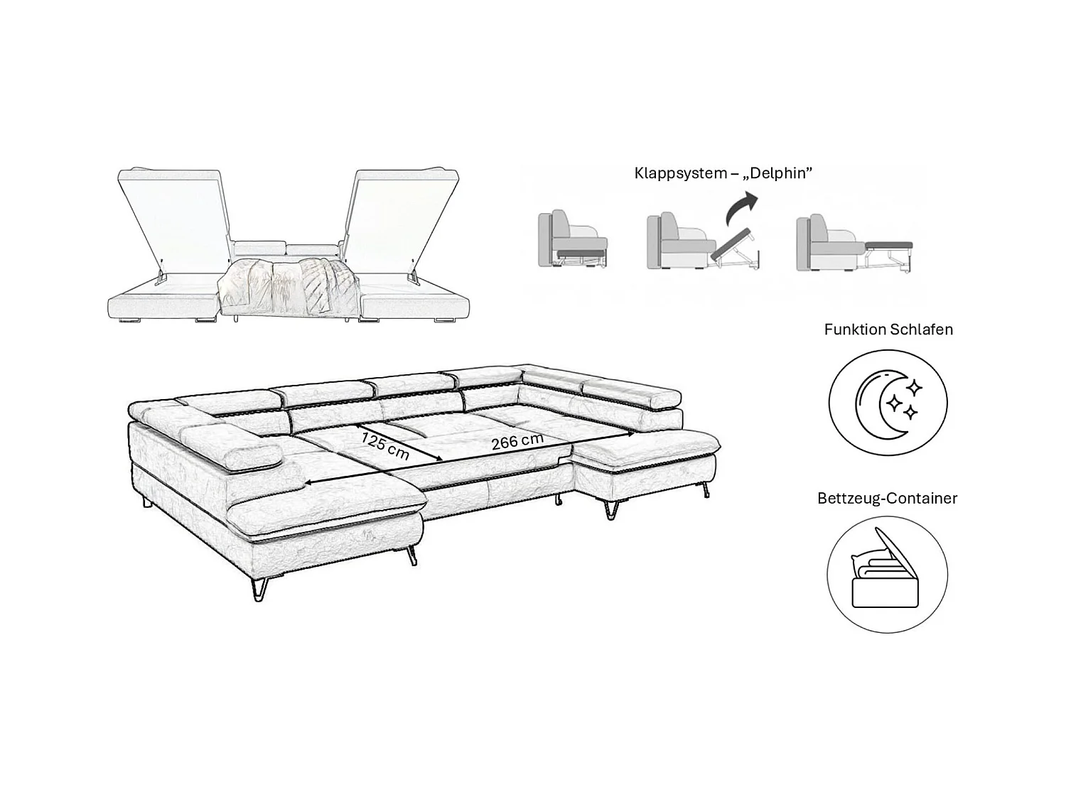 Canapé d'angle en U FALIO avec fonction couchage, tissu Noel, beige froid