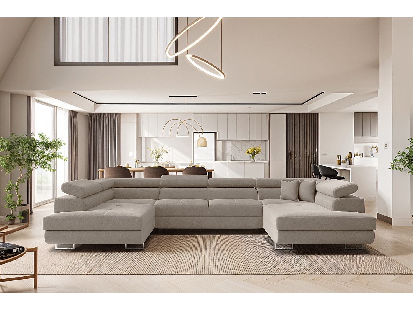 Canapé d'angle en U FALIO avec fonction couchage, tissu Noel, beige froid