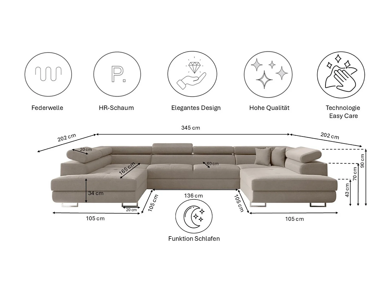 Canapé d'angle en U FALIO avec fonction couchage, tissu Noel, beige froid