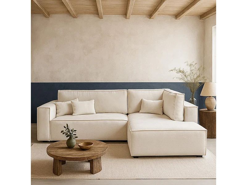 Canapé d'angle ouvert à droite convertible 3 places en tissu chenille beige - Emma