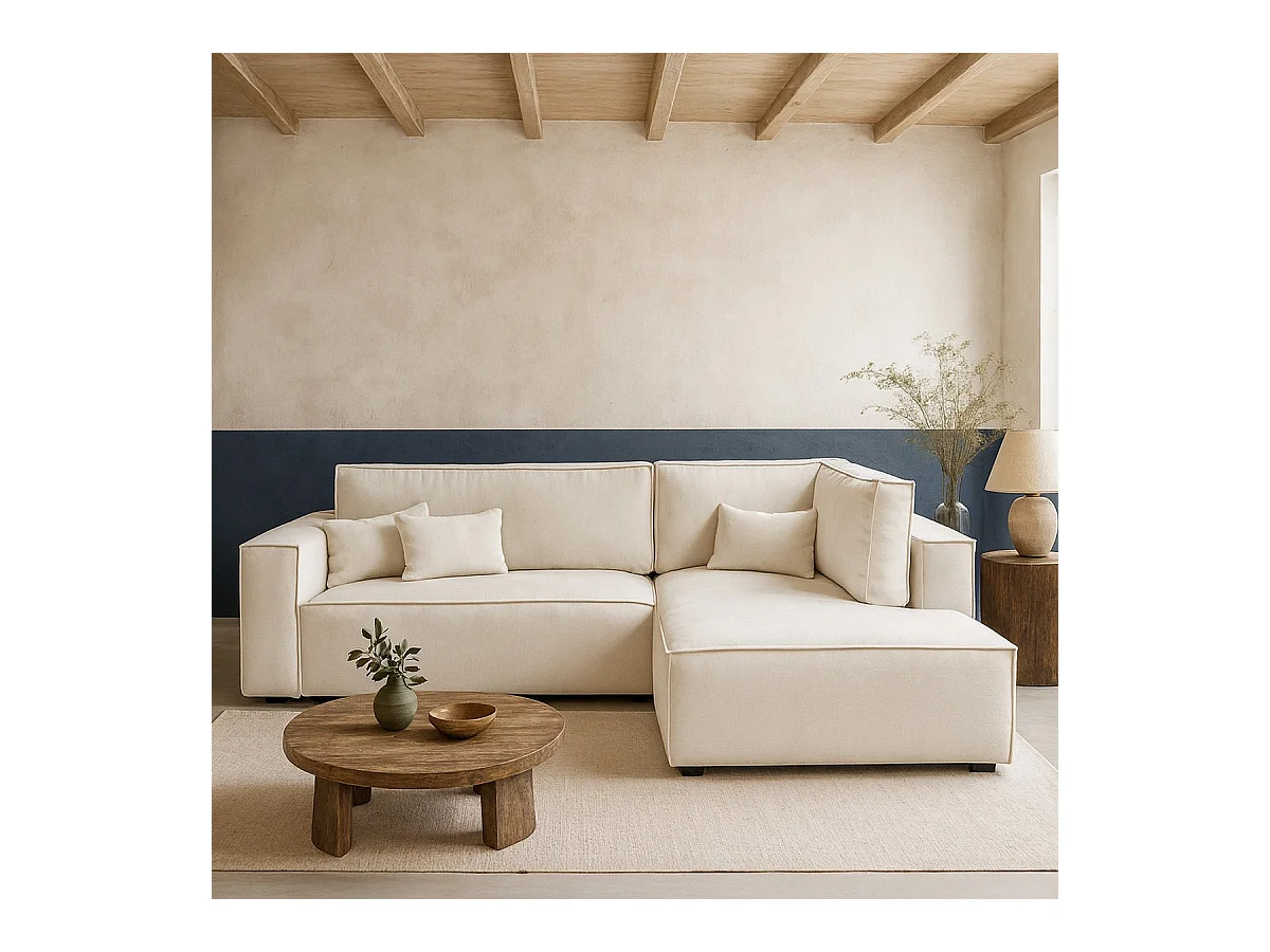 Canapé d'angle ouvert à droite convertible 3 places en tissu chenille beige - Emma