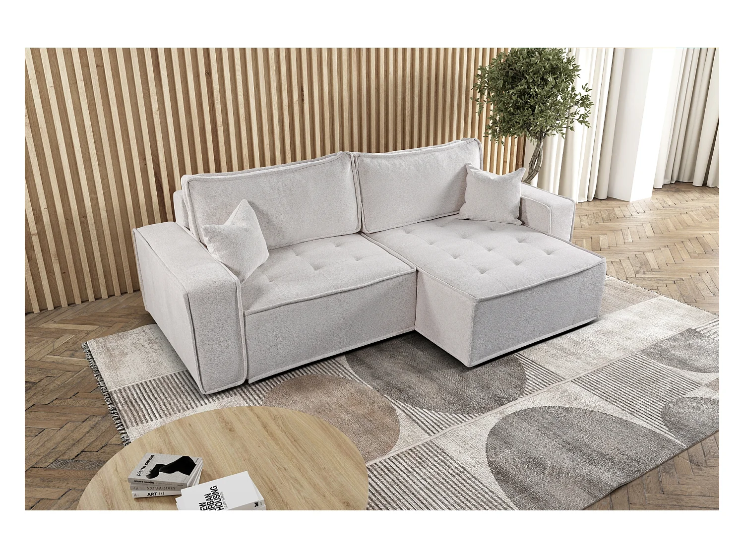 Canapé d'angle Bohoo en L avec convertible, tissu Raven, beige clair, droit