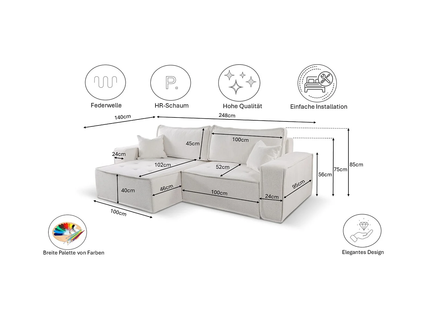 Canapé d'angle Bohoo en L avec convertible, tissu Raven, beige clair, droit