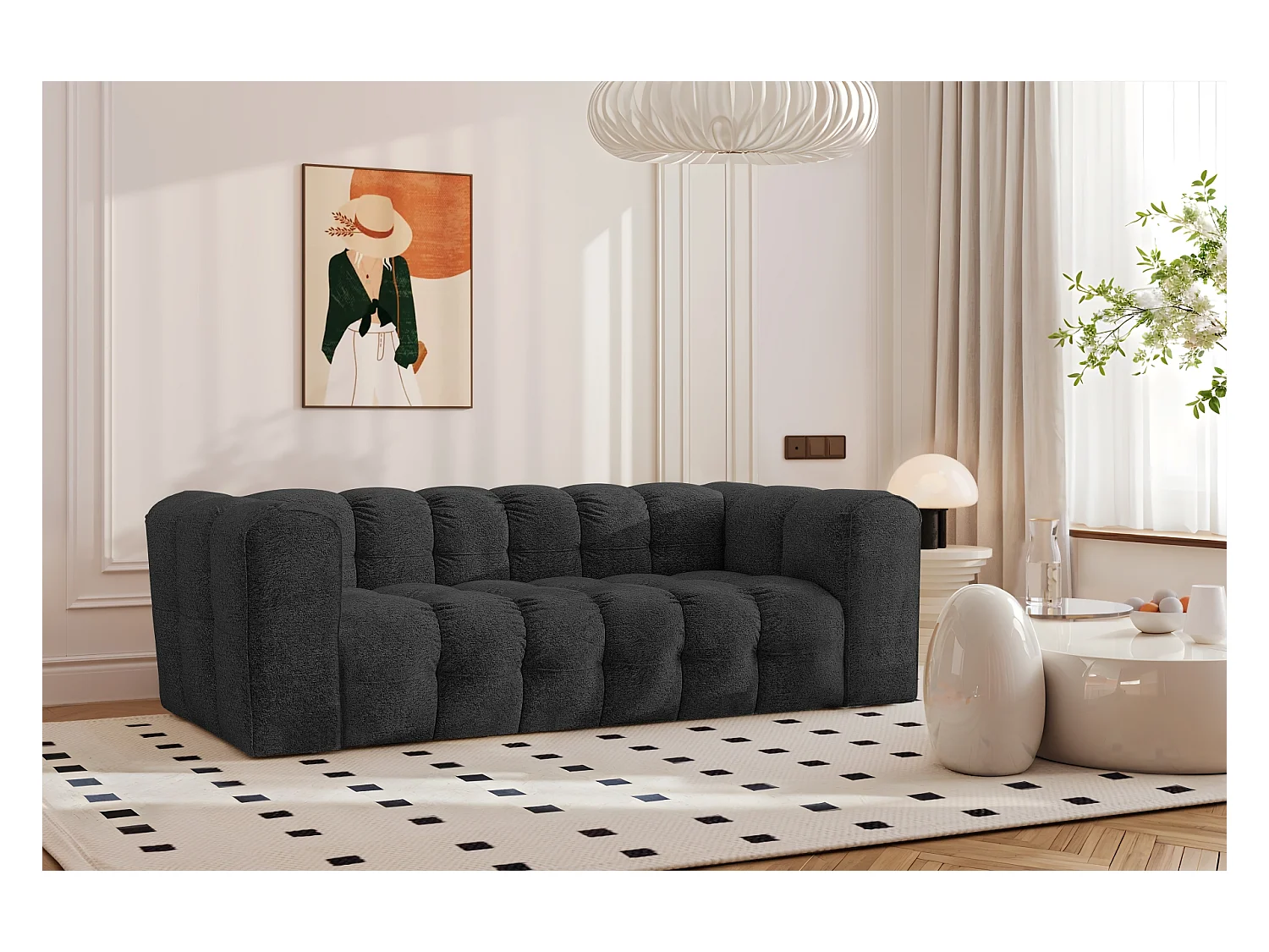 Sofa 3-Sitzer, Komfort Couch BALOO, stoff Schenille & Bouclé, Graphit
