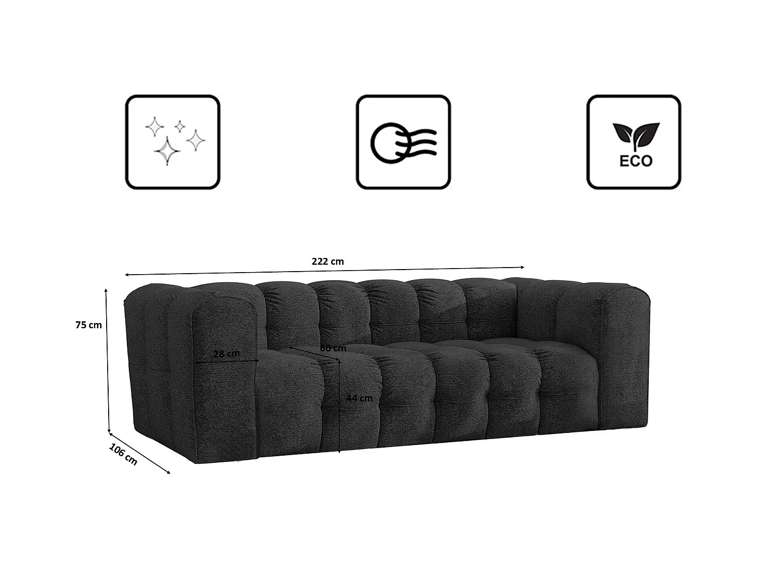 Sofa 3-Sitzer, Komfort Couch BALOO, stoff Schenille & Bouclé, Graphit