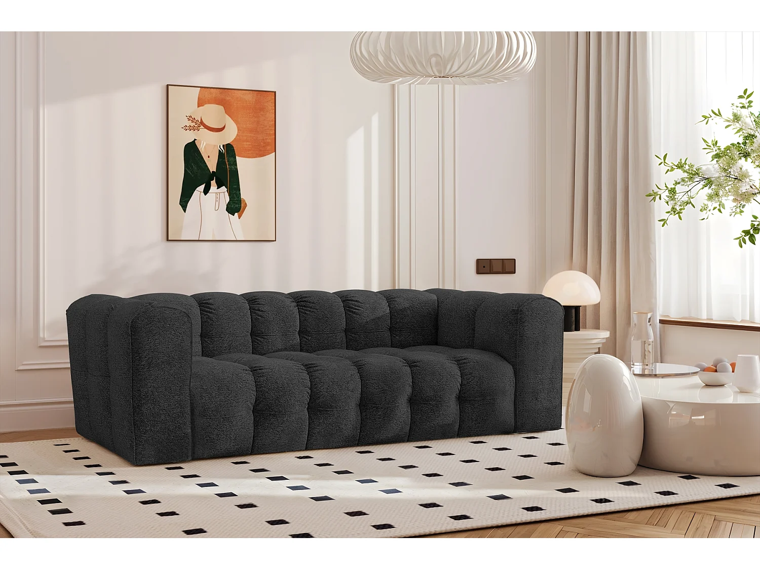Sofa 3-Sitzer, Komfort Couch BALOO, stoff Schenille & Bouclé, Graphit
