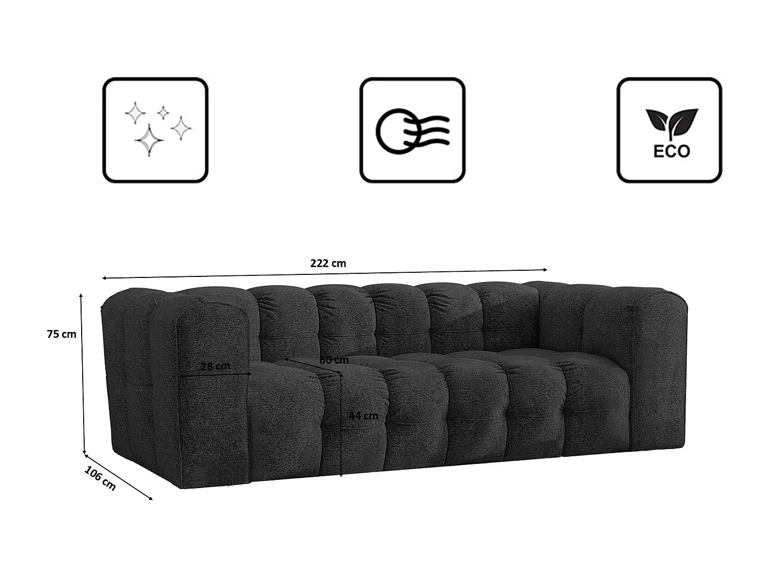 Sofa 3-Sitzer, Komfort Couch BALOO, stoff Schenille & Bouclé, Graphit