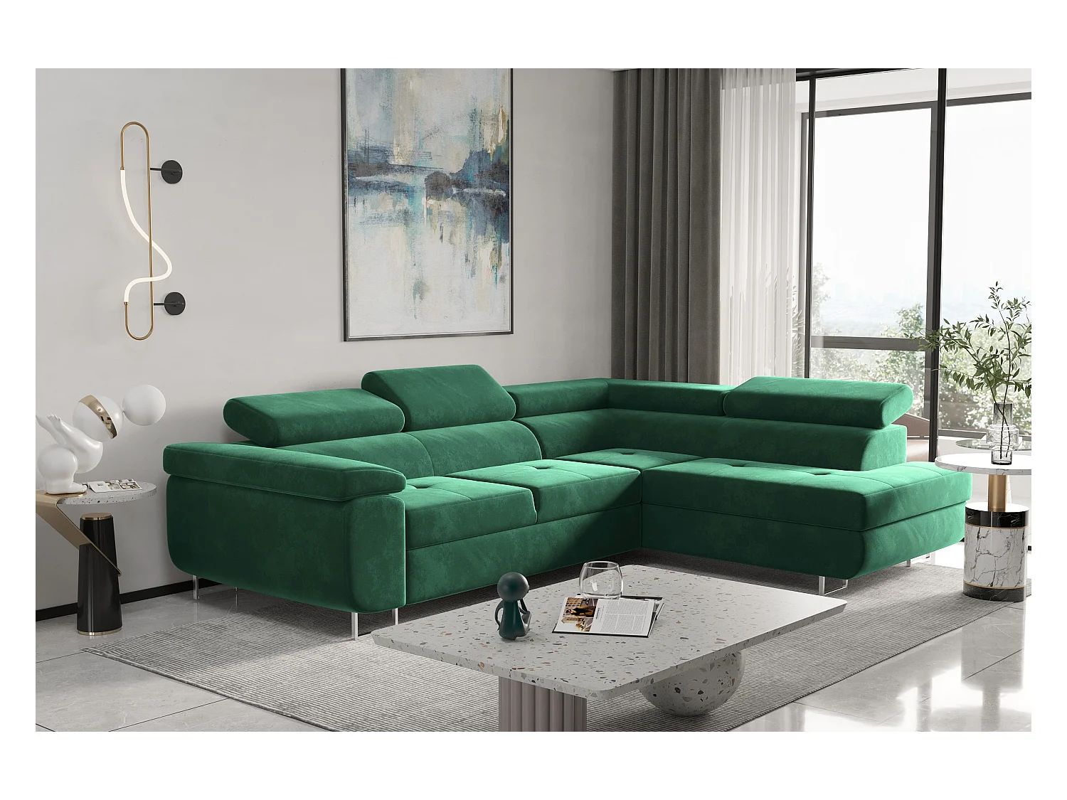 Canapé d'angle ATOM avec fonction couchage, tissu Monolith, vert, droit