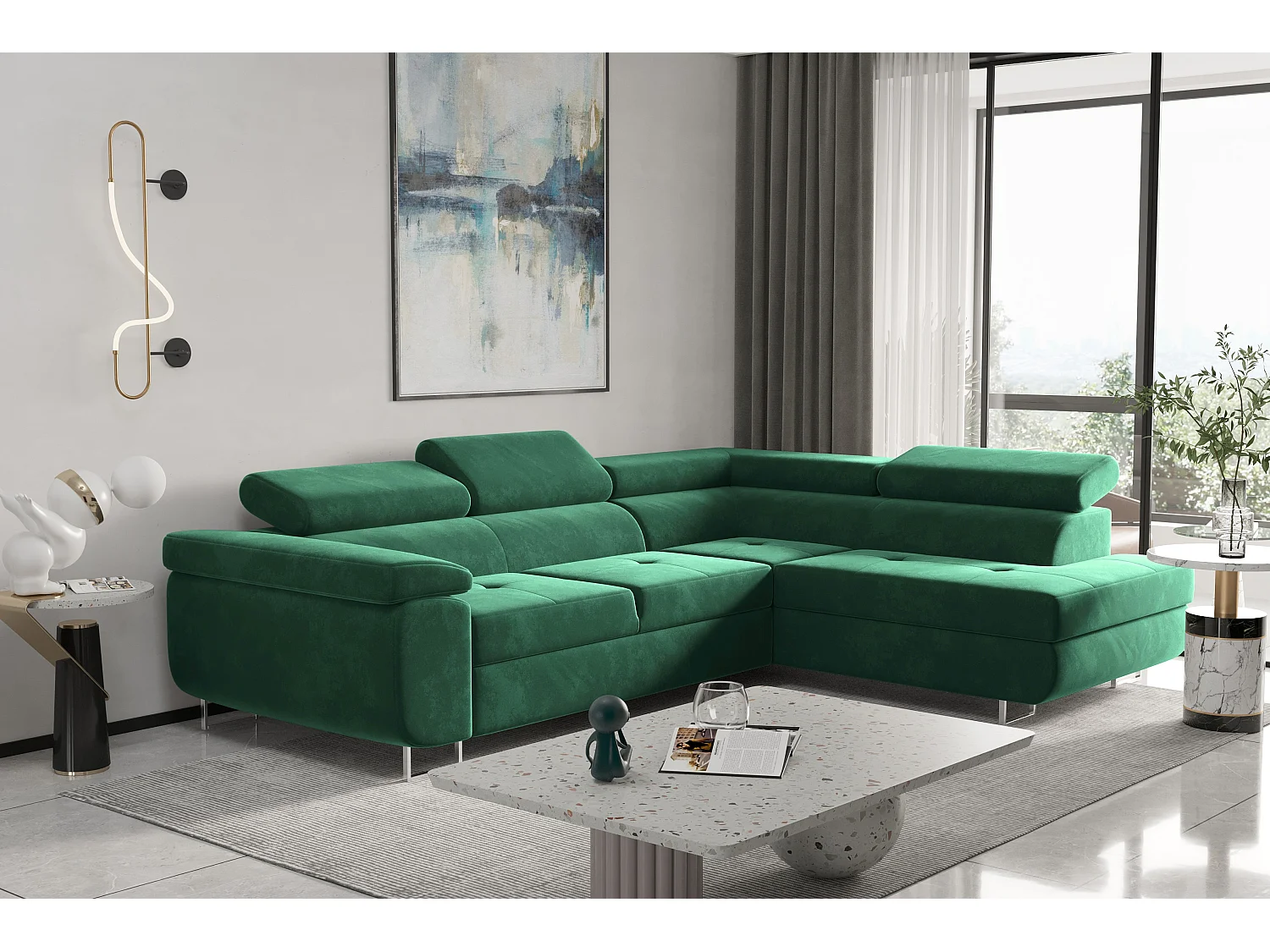 Canapé d'angle ATOM avec fonction couchage, tissu Monolith, vert, droit