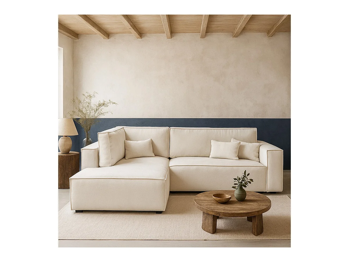 Canapé d'angle ouvert à gauche convertible 3 places en tissu chenille beige - Emma