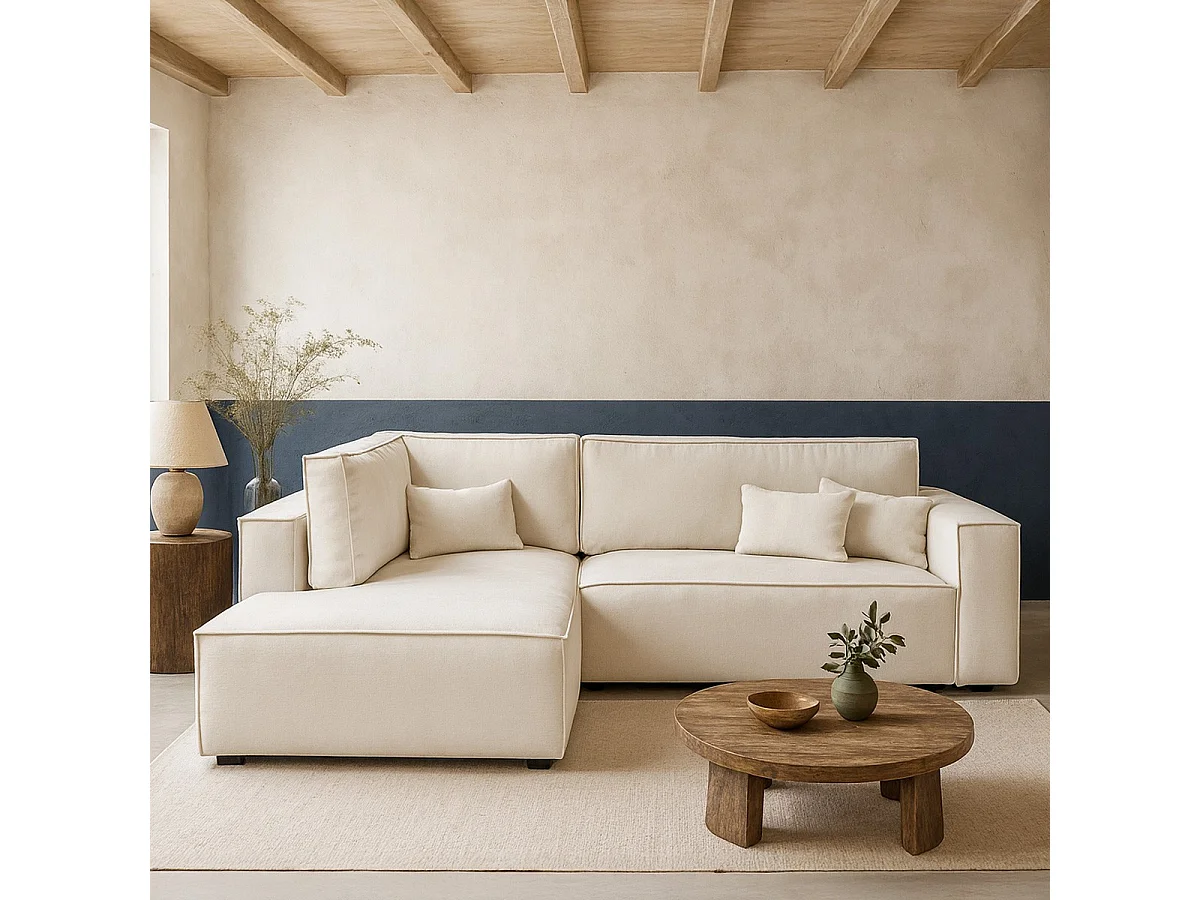 Canapé d'angle ouvert à gauche convertible 3 places en tissu chenille beige - Emma