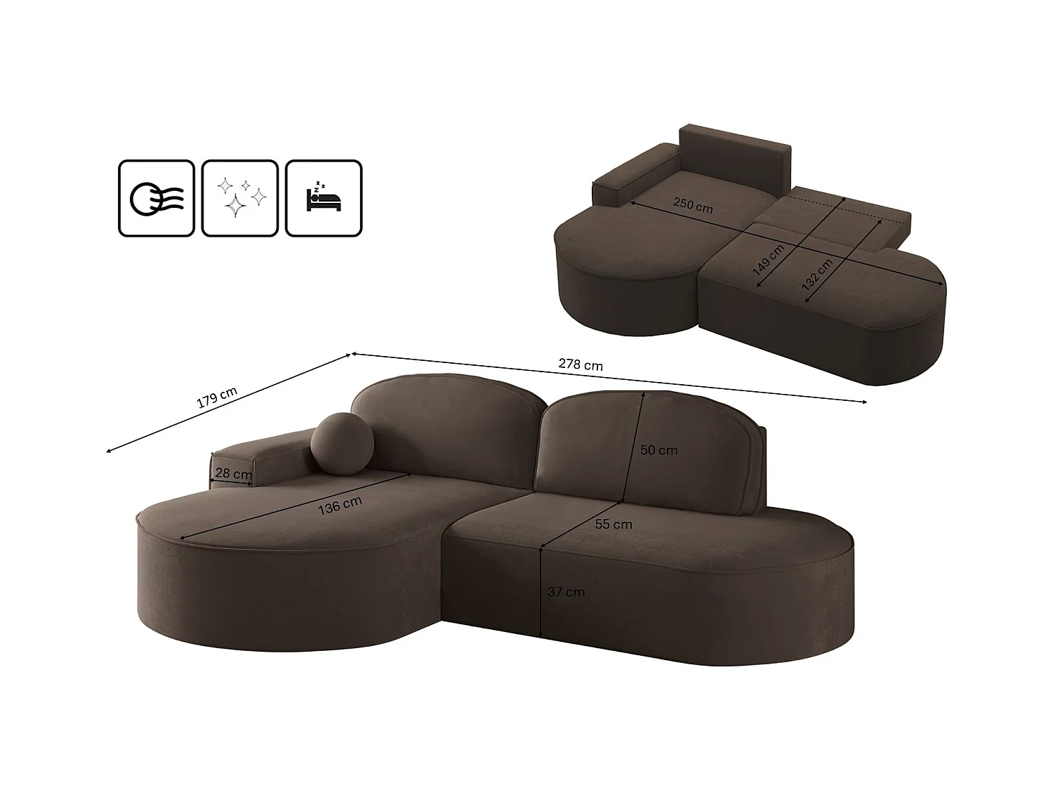 Canapé d'angle avec fonction couchage et coffre de lit Modena Round tissu Salvador Dark Brown Gauche