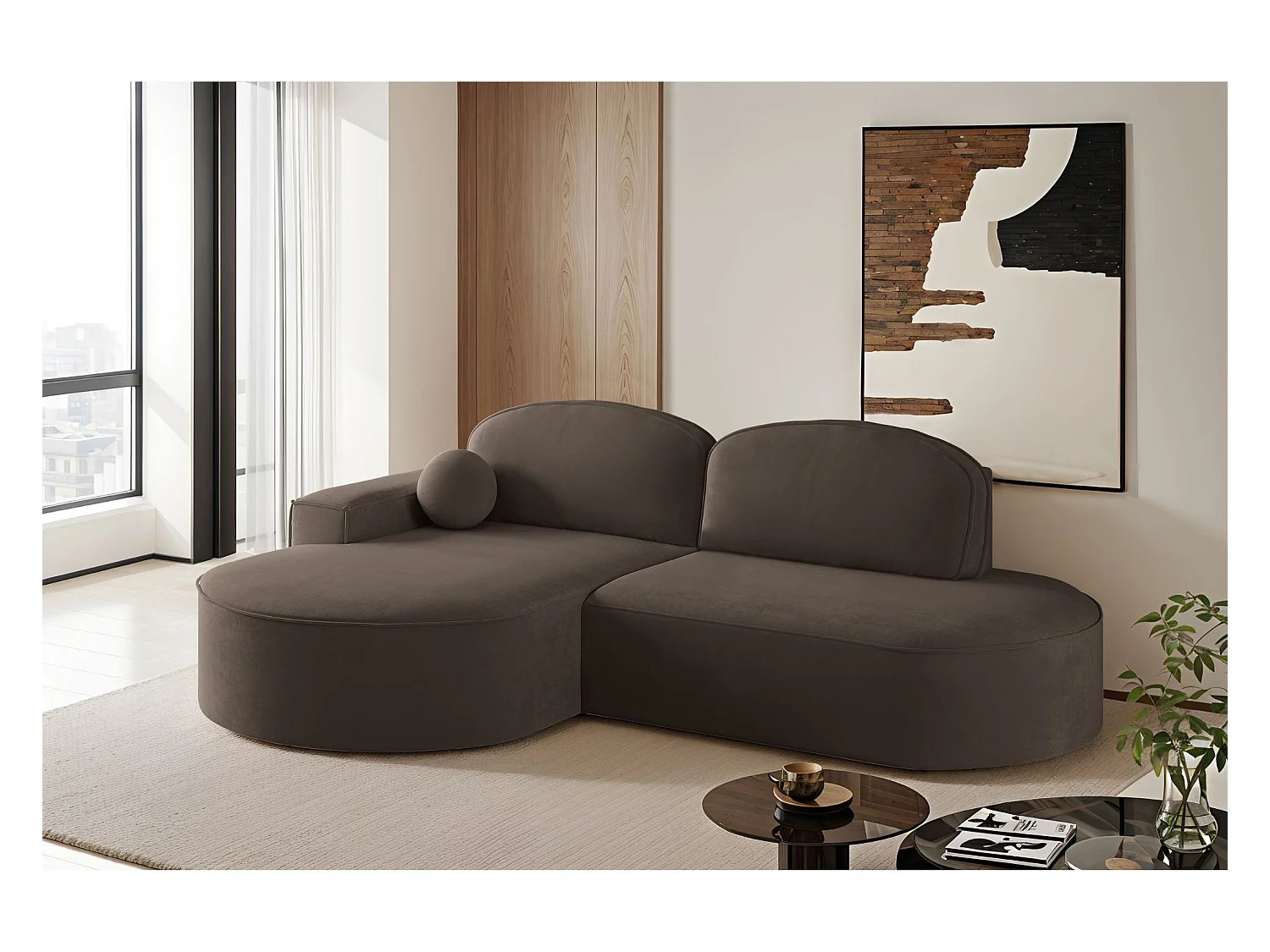 Ecksofa mit Schlaffunktion und Bettkasten Modena Runden stoff Salvador Dunkelbraun Links